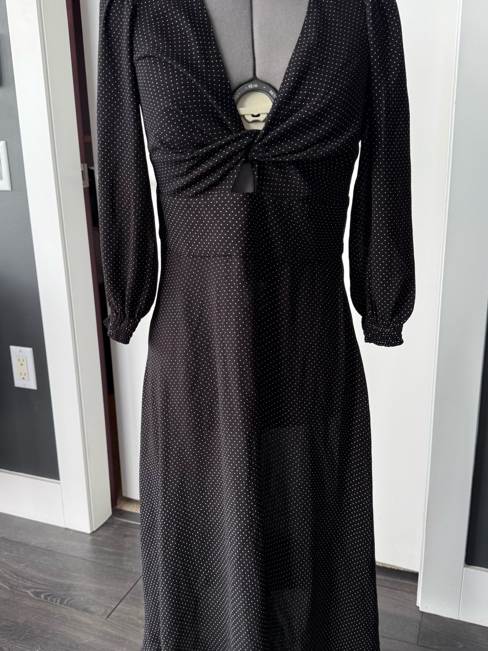Black Polka Dot Long Sleeve Twist-Front Midi Dress